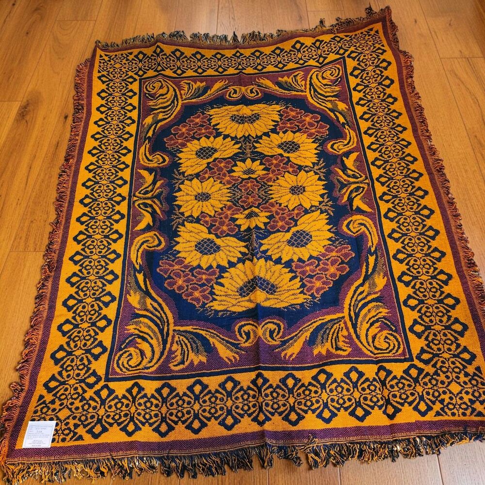 Vintage 90s Hand Woven Cotton Throw Blanket 50x60 Floral India Reversible